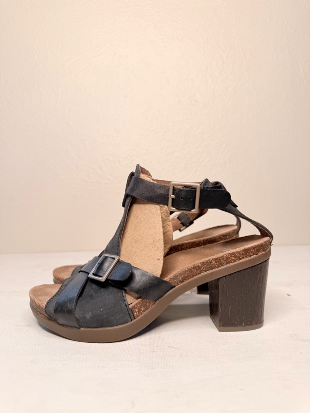 Women's Black Block Heel Leather Sandals